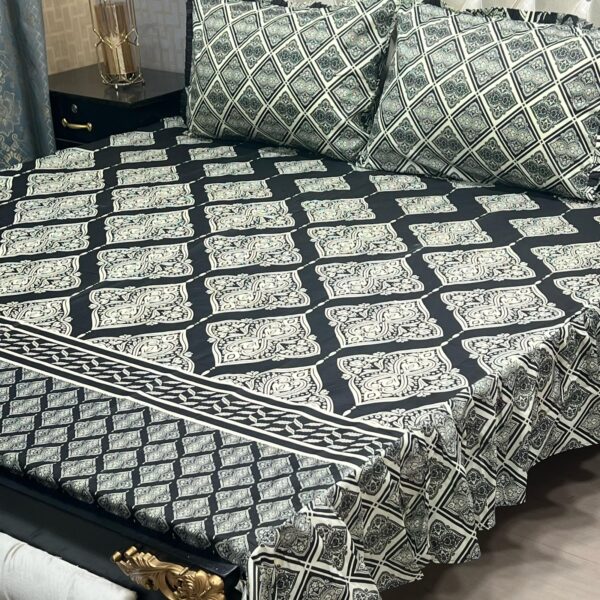 Click, shop, save 3 PCS King Size Frill Bedsheet Set – Cotton Fabric with 2-Sided Frill | Elegant & Soft Bedding Salonika Cotton Fabric